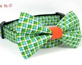 Green  Check  Dog Collars with bow tie set  (Mini,X-Small,Small,Medium ,Large or X-Large Size)- Adjustable