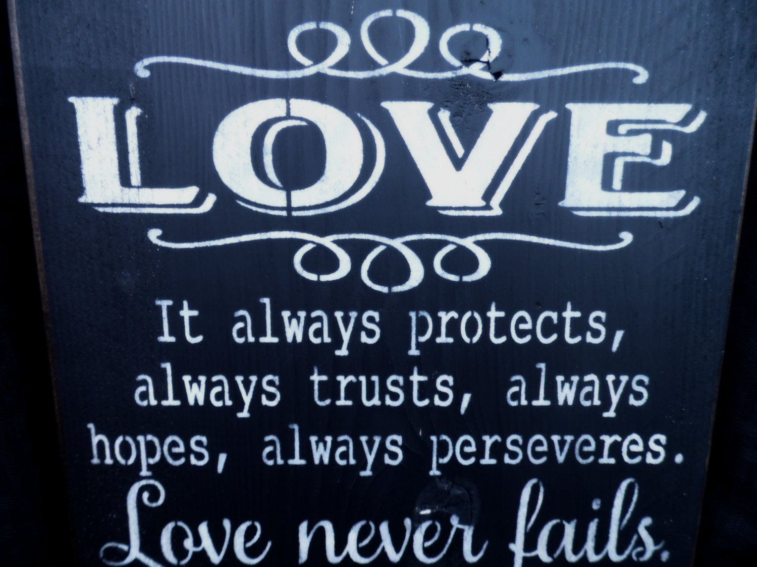 wooden sign, love never fails, subway art, wall decor, shabby chic, 1 corinthians, love is