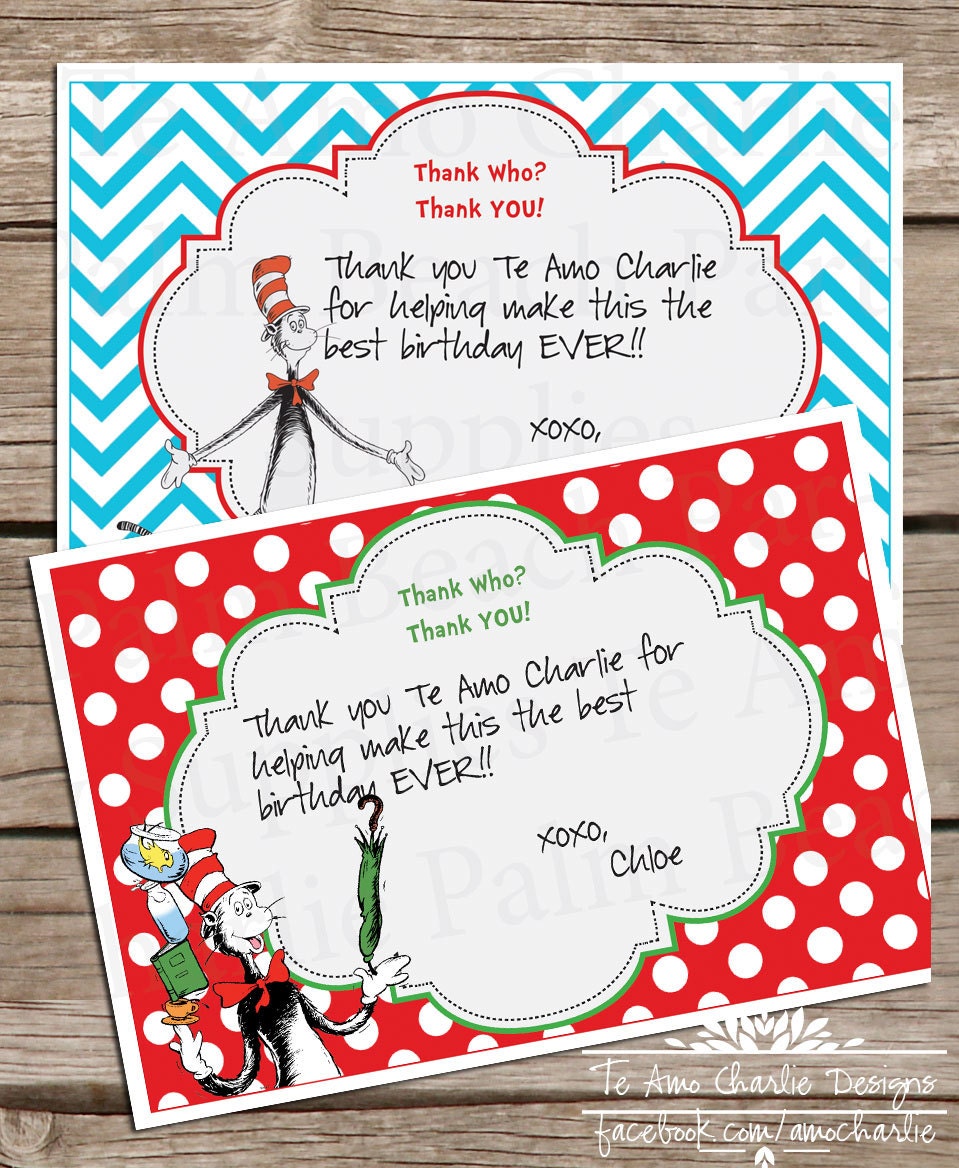 Printable Dr Seuss Cat in the Hat Thank You Cards - Dr Seuss Thank You Cards - Cat in the Hat Thank You Cards - Birthday Thank You Cards