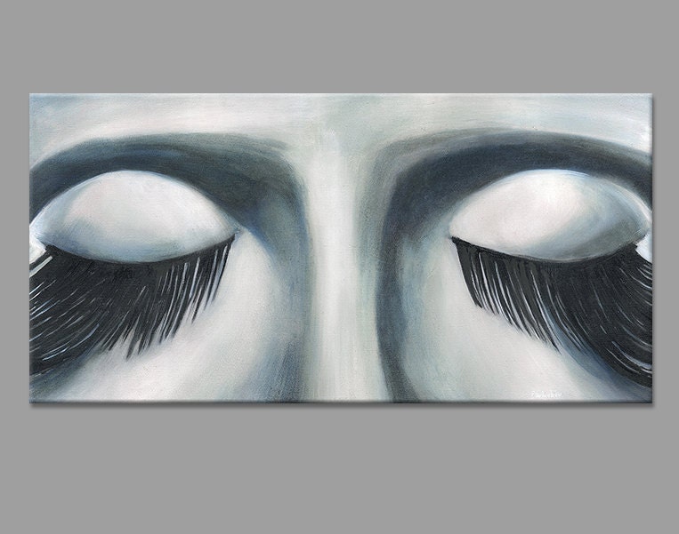 Original Large Painting - Girls Eyes (The Eyelashes) - Contemporary Wall Hanging Art - Portrait Oil on canvas 39.4x19.7 inches (100x50 cm)