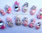 Kawaii Diamonds and Pearls Bling nails with roses and hearts Pink/white full false/fake 3D nail gyaru Japanese hime