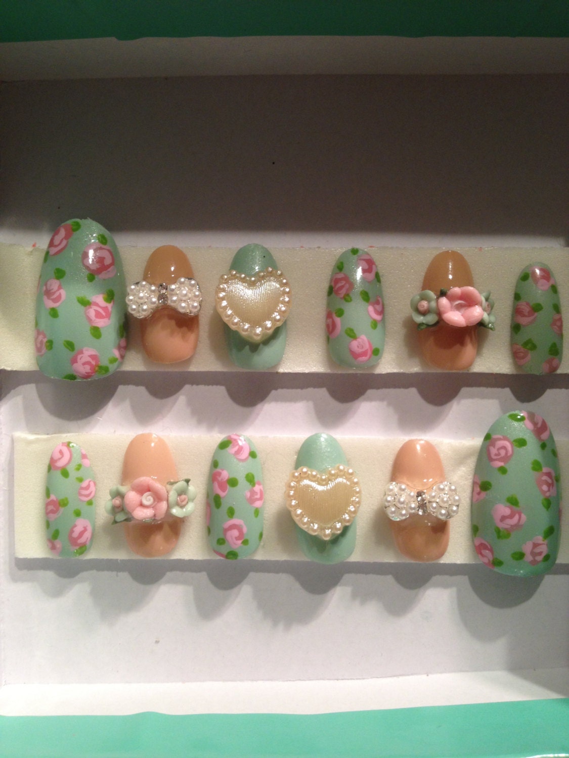 Mint green shabby chic vintage pink princess False/Fake Full cover Nails with 3D pearl bows and hearts lolita
