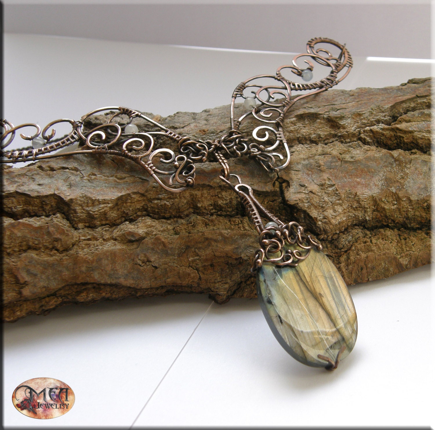 Ninurta- wire wrapped necklace, big labradorite, jade, handmade, copper, wirework
