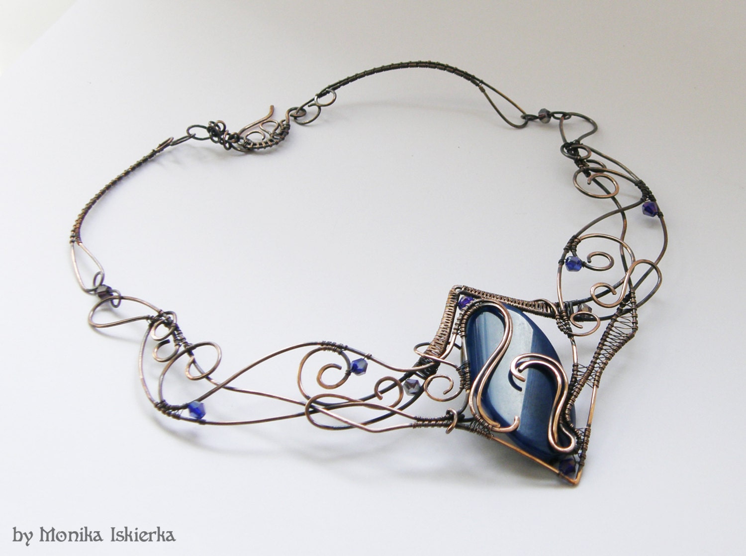 Water sorcery- wire wrapped necklace, big blue agate, Swarovski Crystals, handmade, copper
