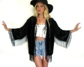 Black Velvet Flower Burnout 20s Style Asian ART DECO Gypsy Boho Fringe Kimono Jacket