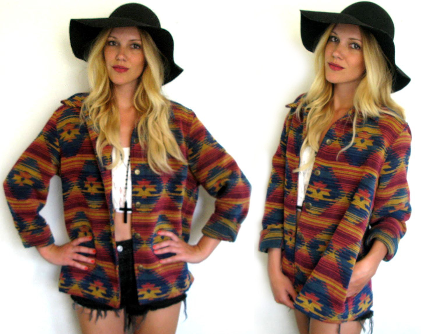 Vintage 80s/ 90s Southwestern NAVAJO Printed Soft Woven TRIBAL Womens Jacket/ Coat Outerwear