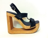 RARE Vtg 90s Cut Out WOOD Heel Mega Platform SCANDINAVIAN Black Open Toe Wedge Women's Avant Garde Size 8
