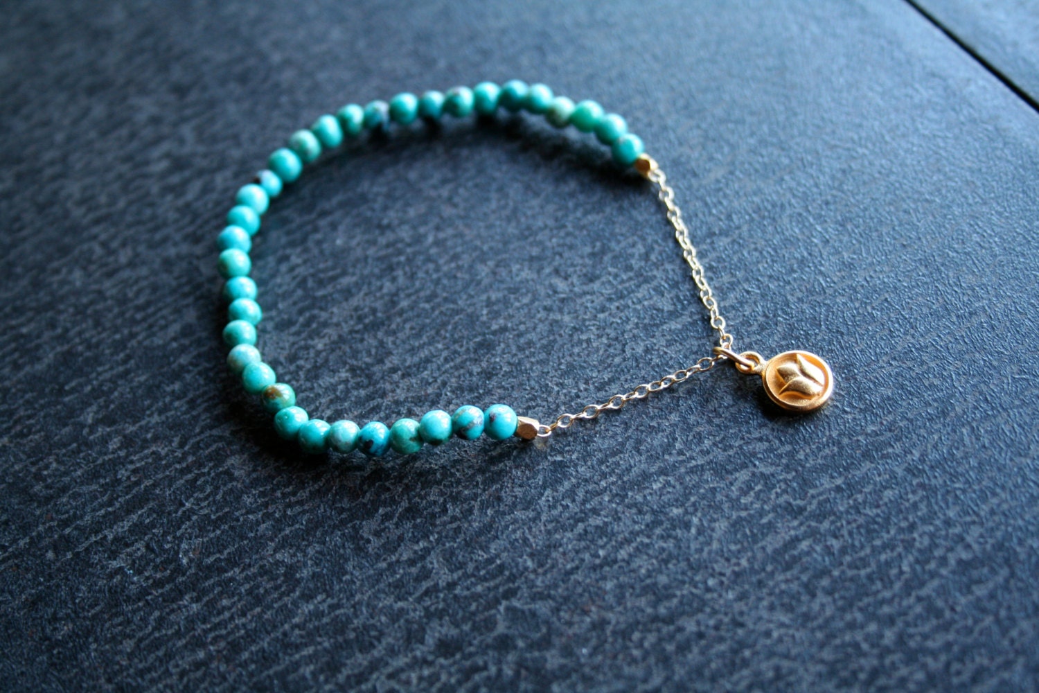 Gold Lotus Charm Turquoise Bracelet - Inner Peace & New Beginning