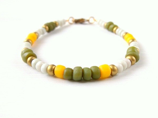 Tribal Seed Bead Bracelet - Green & Yellow - Boho Jewelry Bohemian Jewelry Hippie Jewelry Tribal Jewelry Ethnic Jewelry - Stackable Bracelet