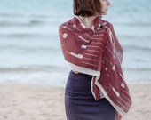 Burgundy Red Light Scarf, Hand Screen Printed on Cream Cotton Gauze