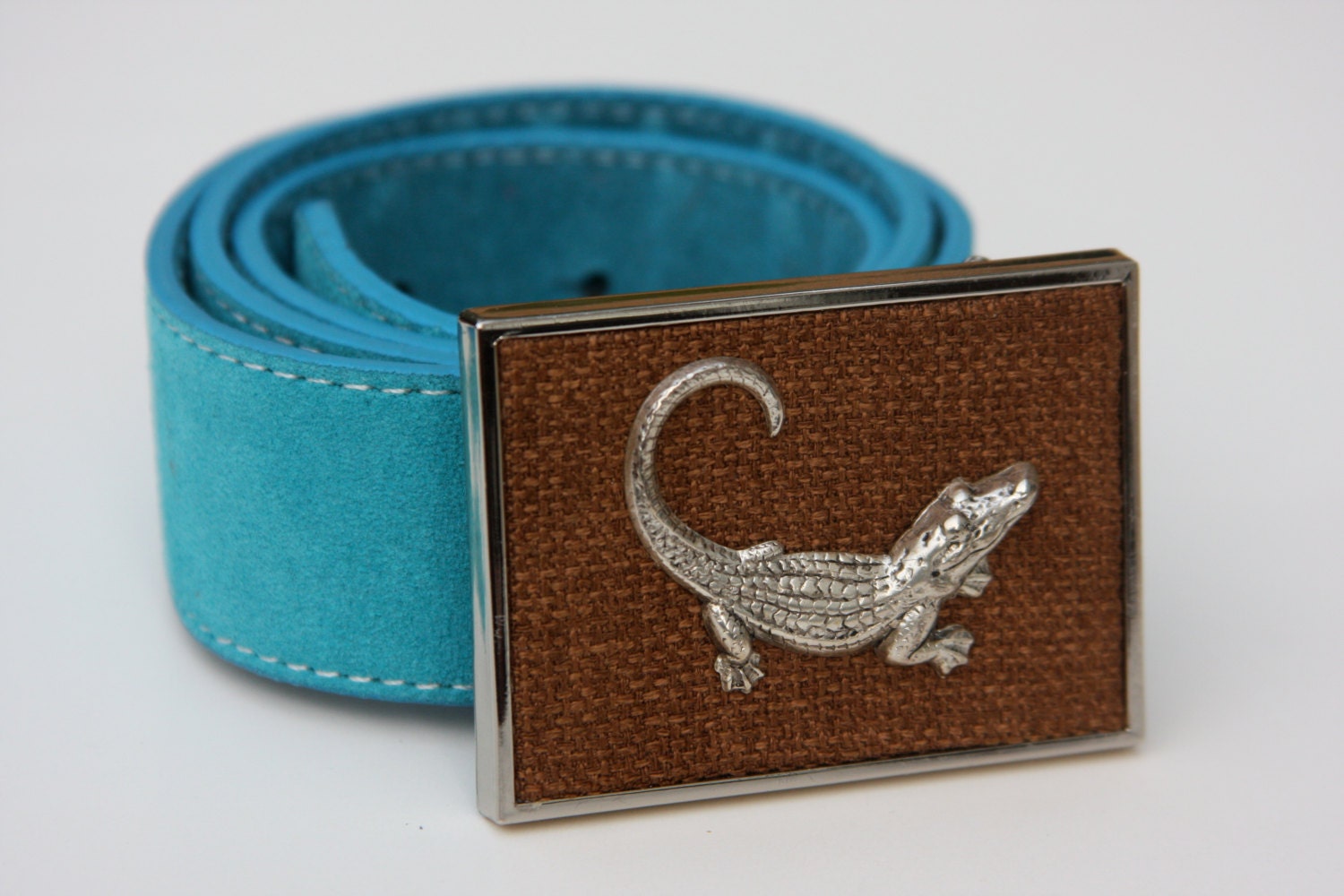 Brown Alligator belt buckle- Preppy resort belt buckle- brown and blue