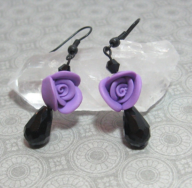Dramatic Black and Lavender Rose Earrings