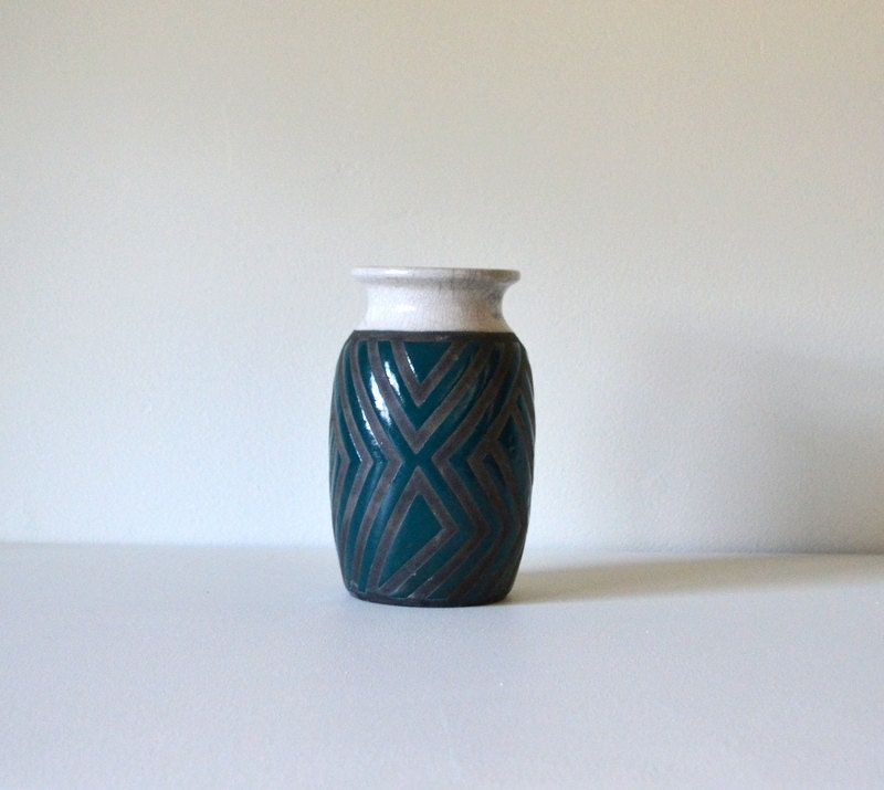 vintage teal and charcoal vase - geometric vase