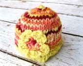 Pink and Yellow Baby Knitted Flower Hat  0 6 months  HandSpun photogrpahy prop Girls baby gift Ready to Ship RTS