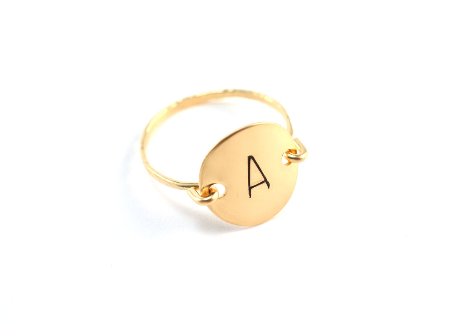 Personalized Custom Letter Initial Monogram Stamped Hammered Engraved Round Circle Disk Charm Signet Gold Menswear Ring Jewelry Valentine