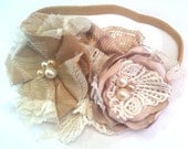 Tan, Ivory, Rustic, Vintage Inspired Headband, Fabric Flower Brooch, Lace & Satin, Women's Headband, Girls Hair Accessory, Baby, Newborn 