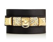 Real Leather Wrist Cuff, Bracelet, Black with Golden Colored Buckle, with Spike Rivets Studs