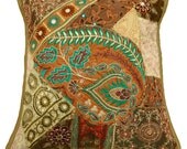 Free Shipping Handmade Cotton Cushion Cover PatchWork Embroidered Green Indian Decorative Throw Pilow Cover 16" X 16" - PL5327