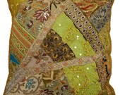 Free Shipping Yellow Floral Cushion Cover  Handmade PatchWork Embroidered Home Decor Decorative Throw India Cotton Pillow Cover - PL5512