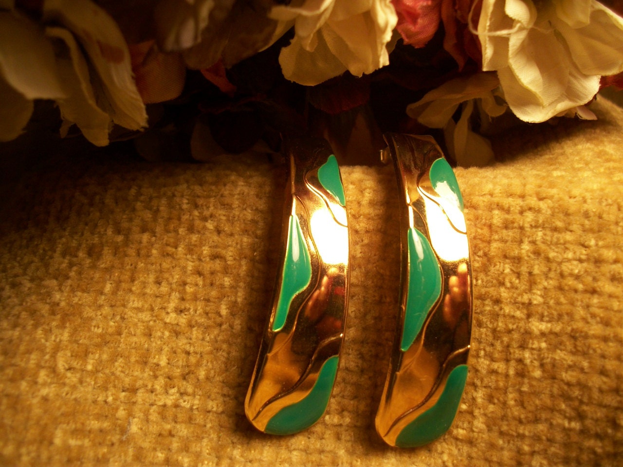 1980s Fashion, Drop Down Earrings, Green Earrings, Gold Tone Earrings, Enamel Earrings, TKSPRINGTHINGS, St Patricks Day, Gift for Her