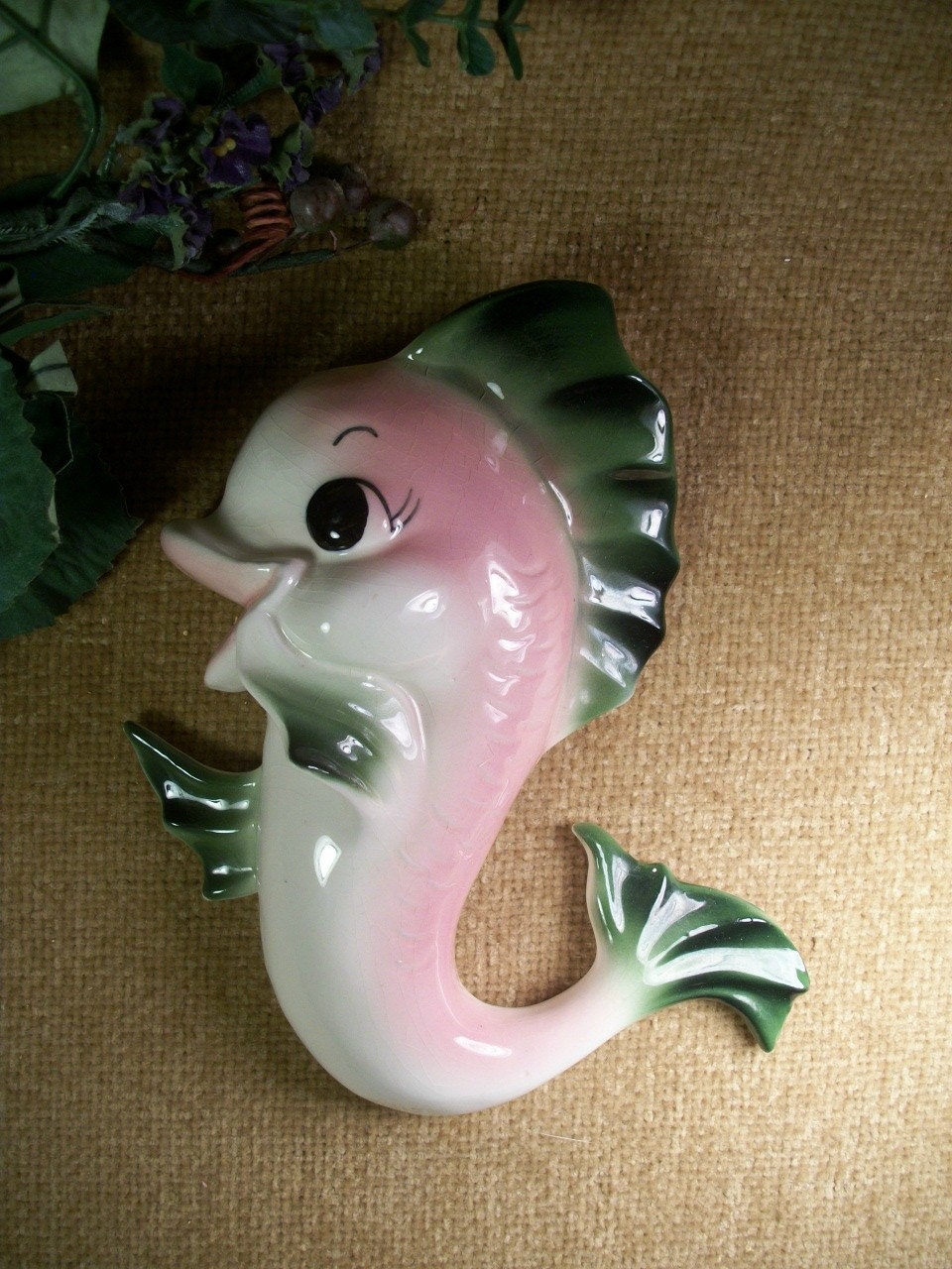 McFarlin Ceramics, 1950s Home Decor, Retro Wall Hanging, Pink Fish, Bathroom Decor, Pink White Green,  Wall Pocket, Planter, TKSPRINGTHINGS