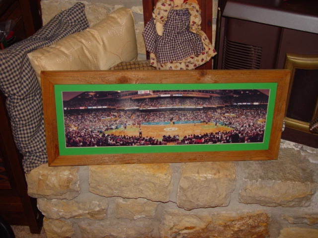 Custom framed solid cedar wood vintage Boston Celtics panoramic oak finish country rustic wall hanging display