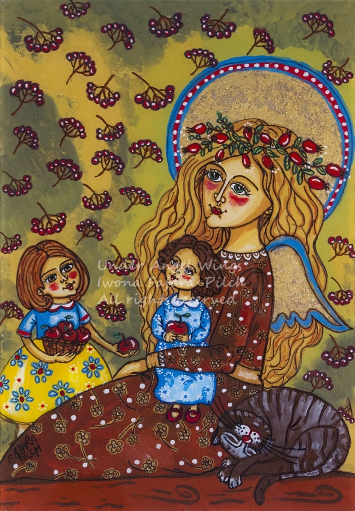 The guardian angel (premium fine art print, acrylic glass painting, folk art, country, nature, fall, orchard, autumn, children, colorful)