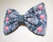 Handmade Light Denim and Lace Large Hair Bow with 6 Pink Square Studs