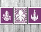 Housewares Bedroom Wall decor French Art print set Chandelier print Fleur de lis art Grey and plum Damask wall hanging Boudoir wall art