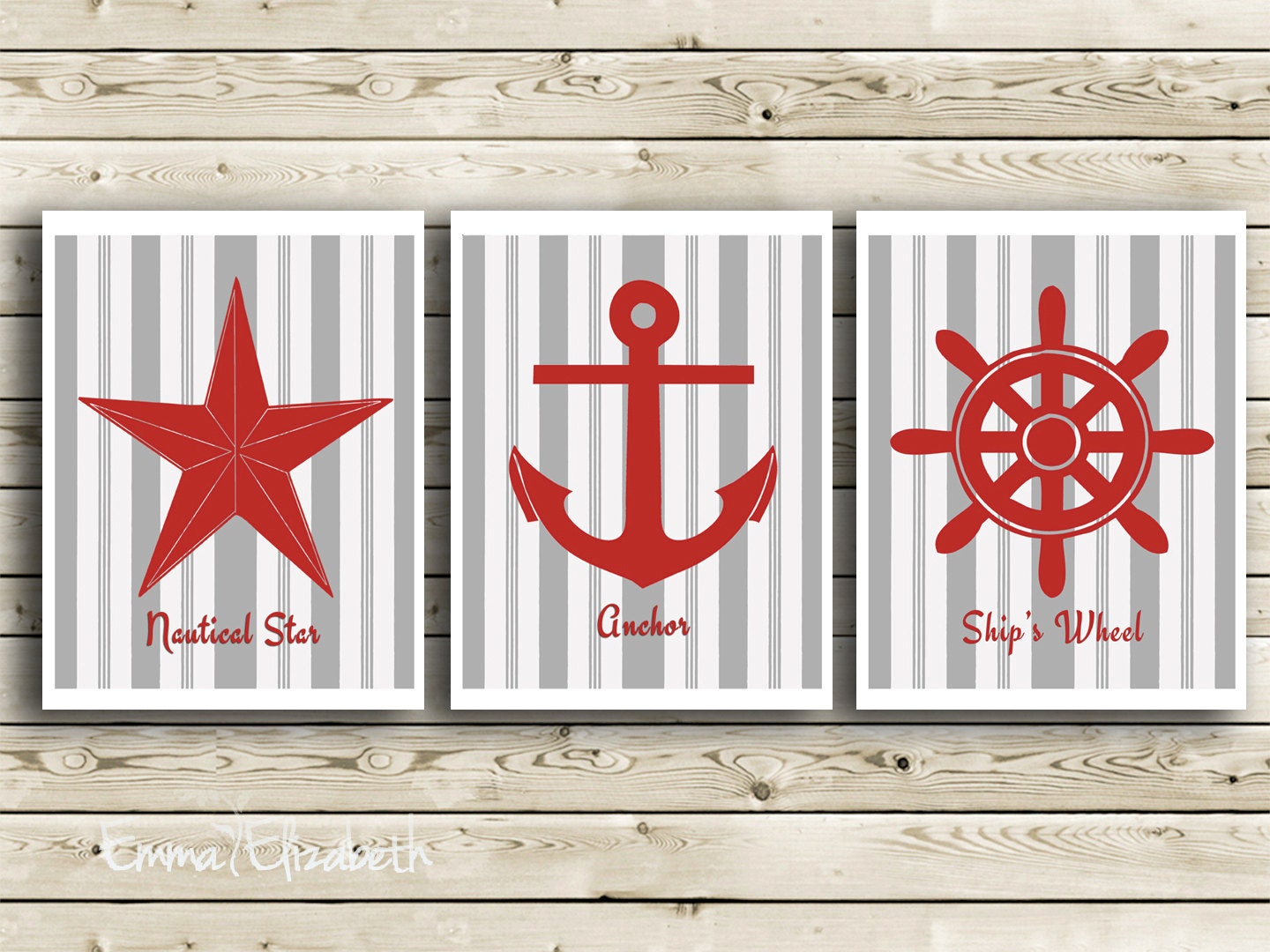 Childrens art print Nautical nursery Wall decor Anchor print Nautical star Ships wheel wall hanging Red and Gray Kids room Baby boys gift