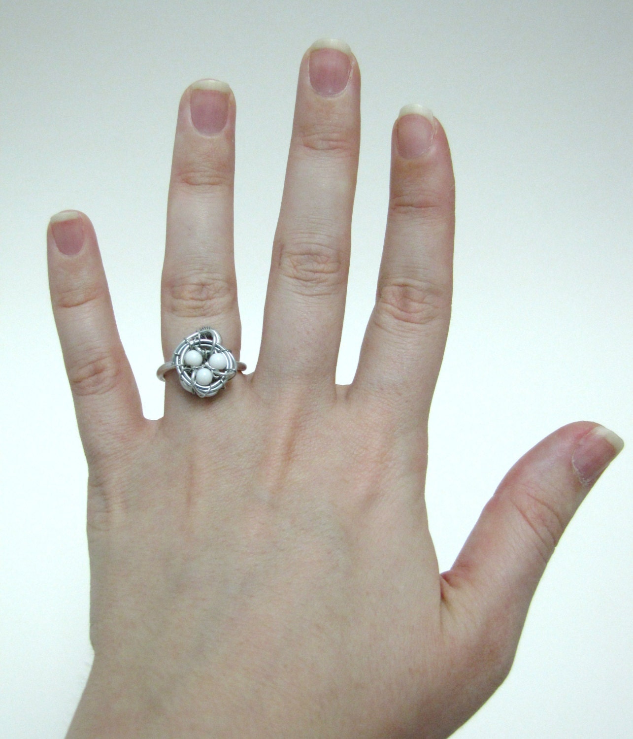Bird's nest ring - wire wrapped three white egg nest