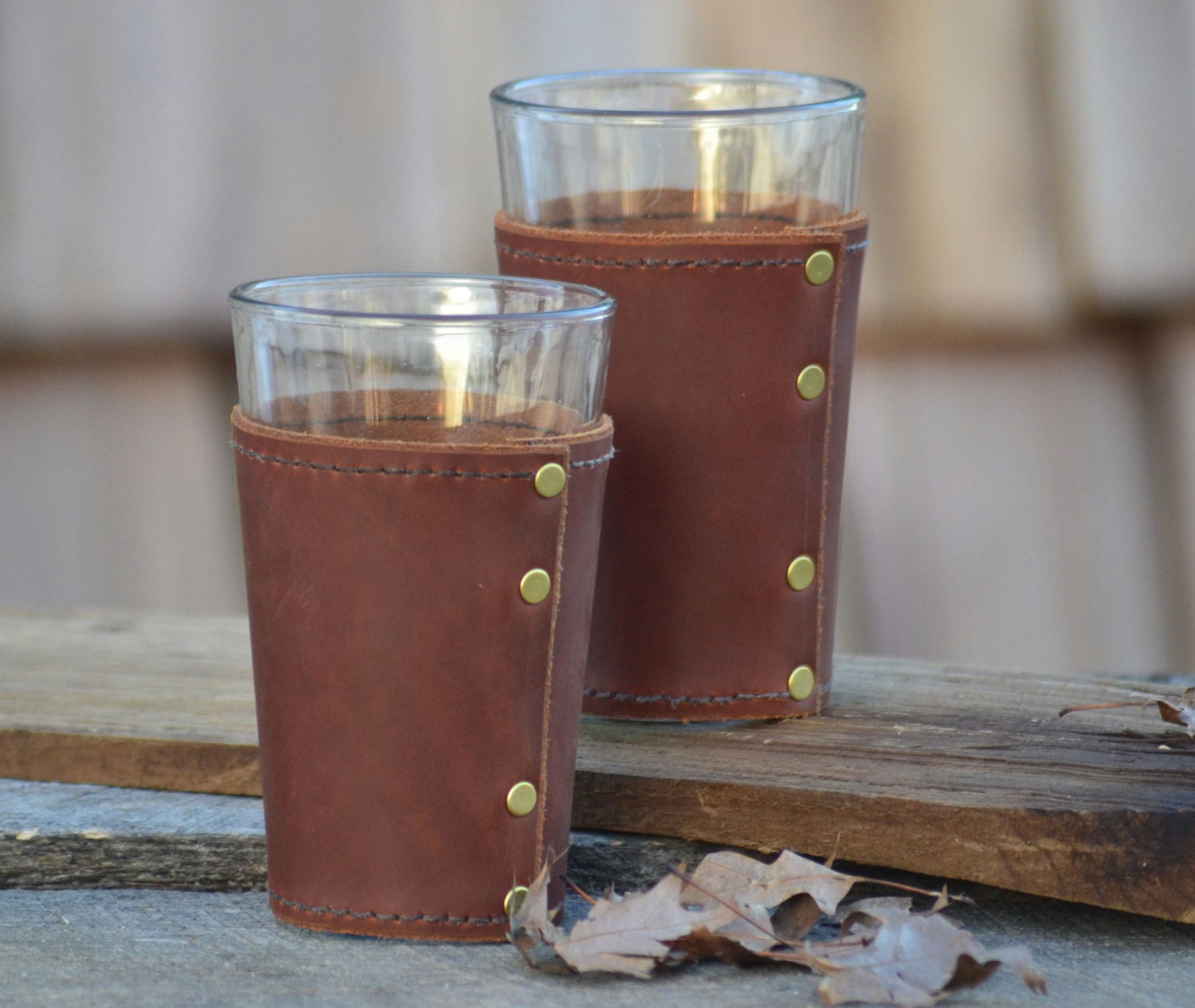 Hand made leather wrapped pint glass set, gifts for men