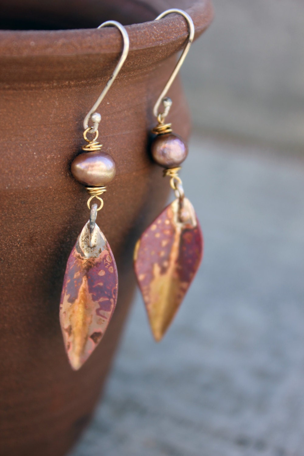 Copper earrings - Delicate rose leaf  - pink fresh water pearls - hand crafted earrings - nature jewelry - OOAK - metal smith earrings
