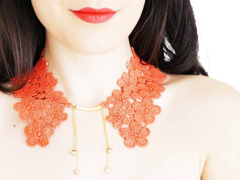 Radonia // Handmade Orange Cotton Lace Collar Necklace Applique Blouse Accessories Peter Pan Collar Golden Brass