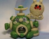 Polymer Clay Robot I Love Monsters Glow In The Dark Figurine - Miniature Whimsical Character Sculpture - BubbleBellyBotBaby