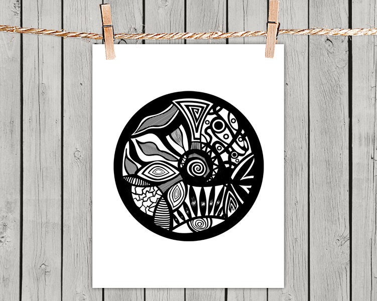Poster Print 8x10 - Black & White Abstract Circle - of Fine Art Illustration for Your Wall Decor