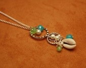 Sea Green/ Ocean Blue Crystals, Silver Chain/ Clasp, Shell Circle Drop Pendant, Summer Necklace: Artistic Metal, Button and Bead Jewelry