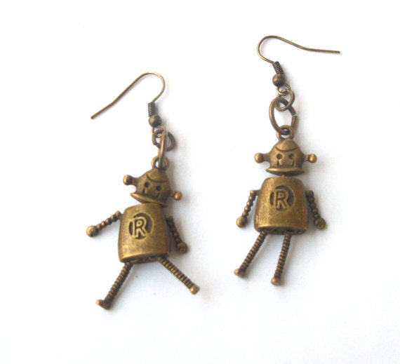 Robot Earrings - Dangle Brass Posable Charms
