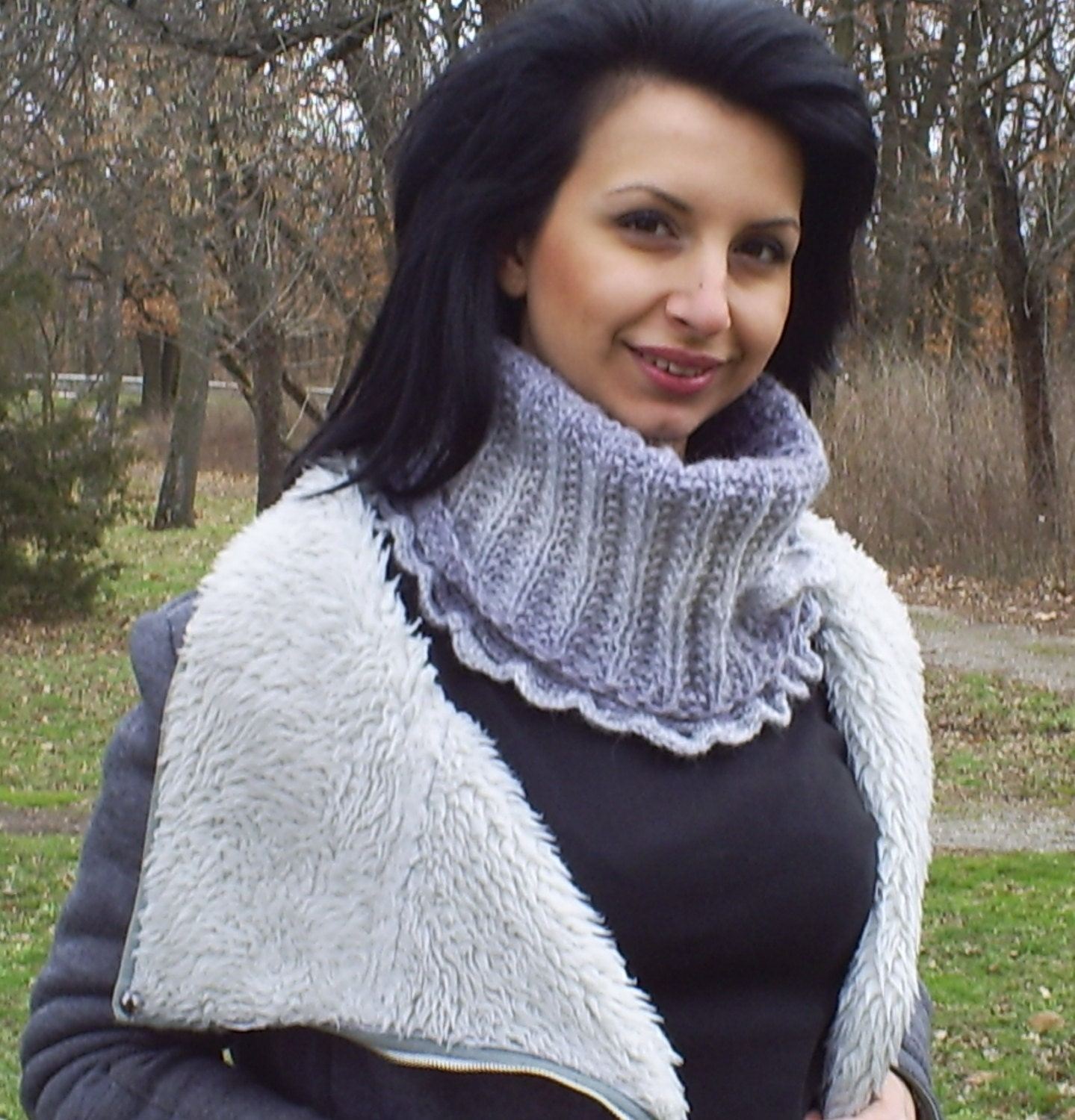 Elegant knit collar, mohair, warm scarf women, girls, knit accessories, gray and white,knitted ladies accessories