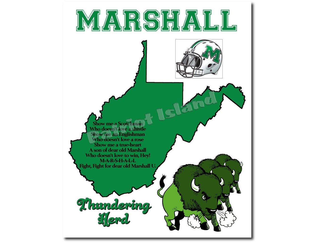 Marshall University Art Print Thundering Herd Football West Virginia State Map College Fight Song 8x10