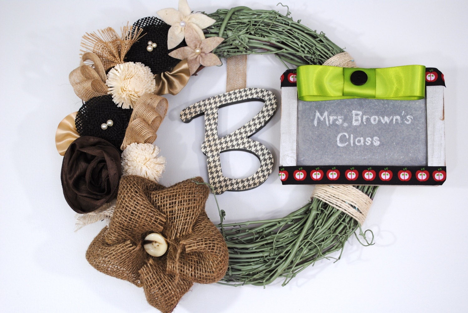 Teacher Appreciation Chalkboard/ Class Gift adornment on rustic burlap Adorn-A-Wreath with hanging monogram door or wall hanging