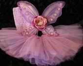 3 piece lavender glitter butterfly wings two toned  Victorian rose, crochet top , tutu,  girls newborn photo prop ready to shi