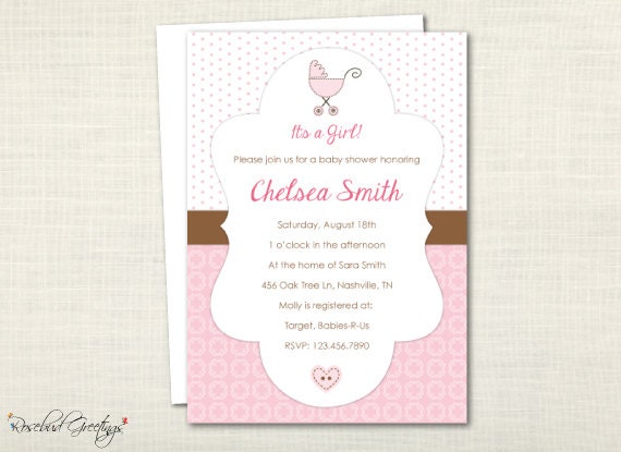 Pink Stroller Girl Baby Shower Invitation - stroller, pretty, pink and chocolate brown - digital file, printable, print yourself Il_570xn