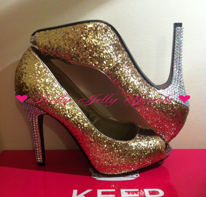 Gold glitter and AB Swarovski Diamonte Diamante Bling Peep toe Heels ,  platform High Heels in size UK 6 US 8au 8 eu 39 Unique One off