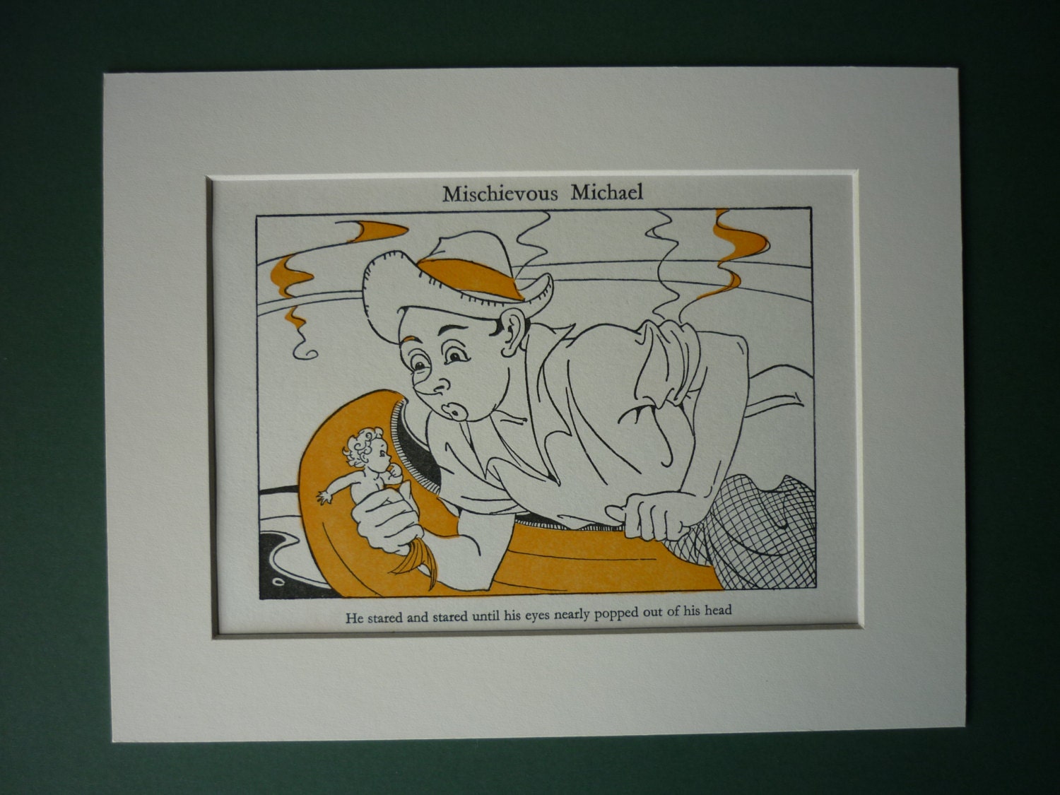 Vintage 1940s Fantasy Print - Yellow - Mermaid - Merman - Giant - Canoe - Sea - Fishing Boat - Matted - Mounted Ready To Frame - Michael