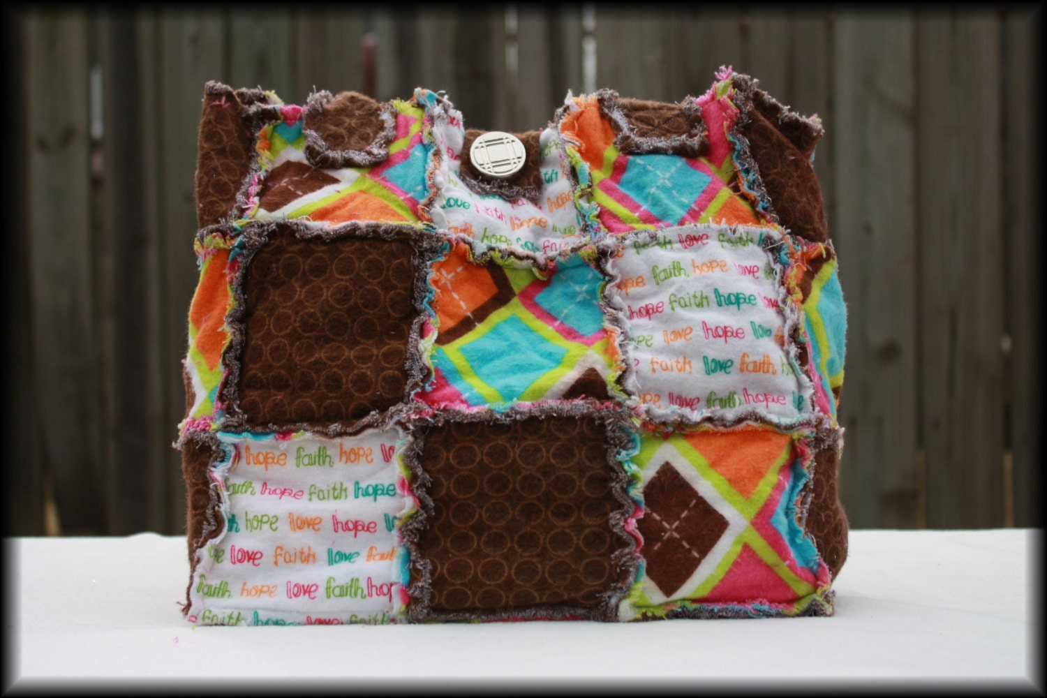 Rag Flannel Quilt Style Purse Bag Tote hope love faith brown aqua pink orange