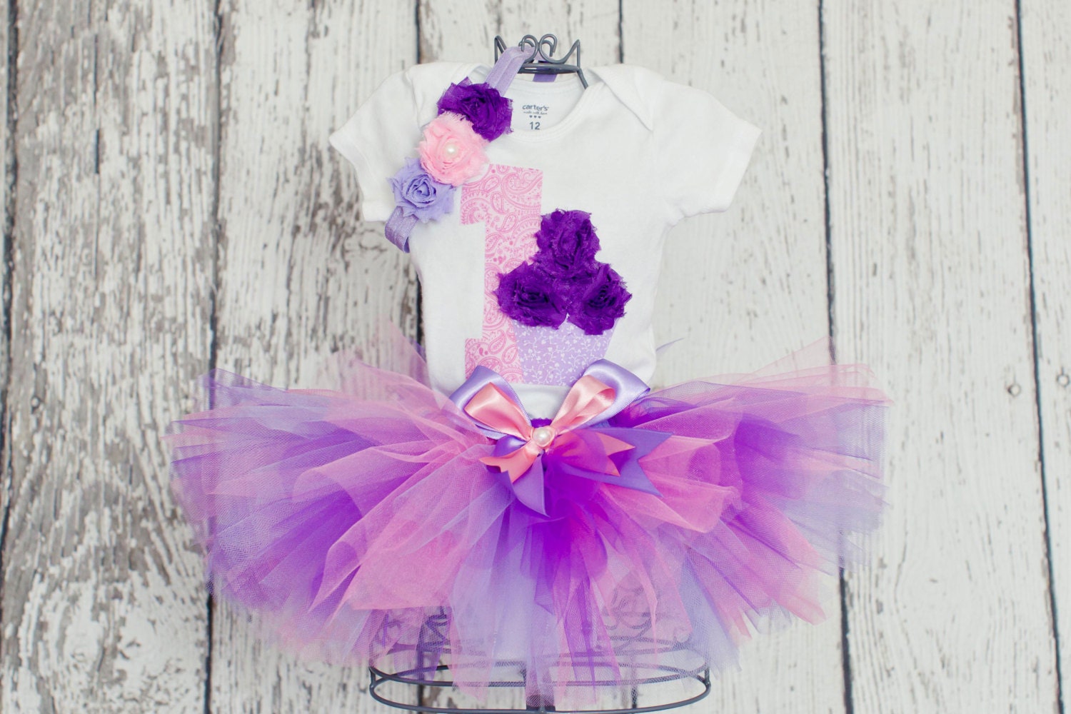 First Birthday Girl Outfit-3 Piece Sewn Tulle Tutu Skirt with Shirt and 3D Cupcake w/ Age Number & Headband - 9 month-4T