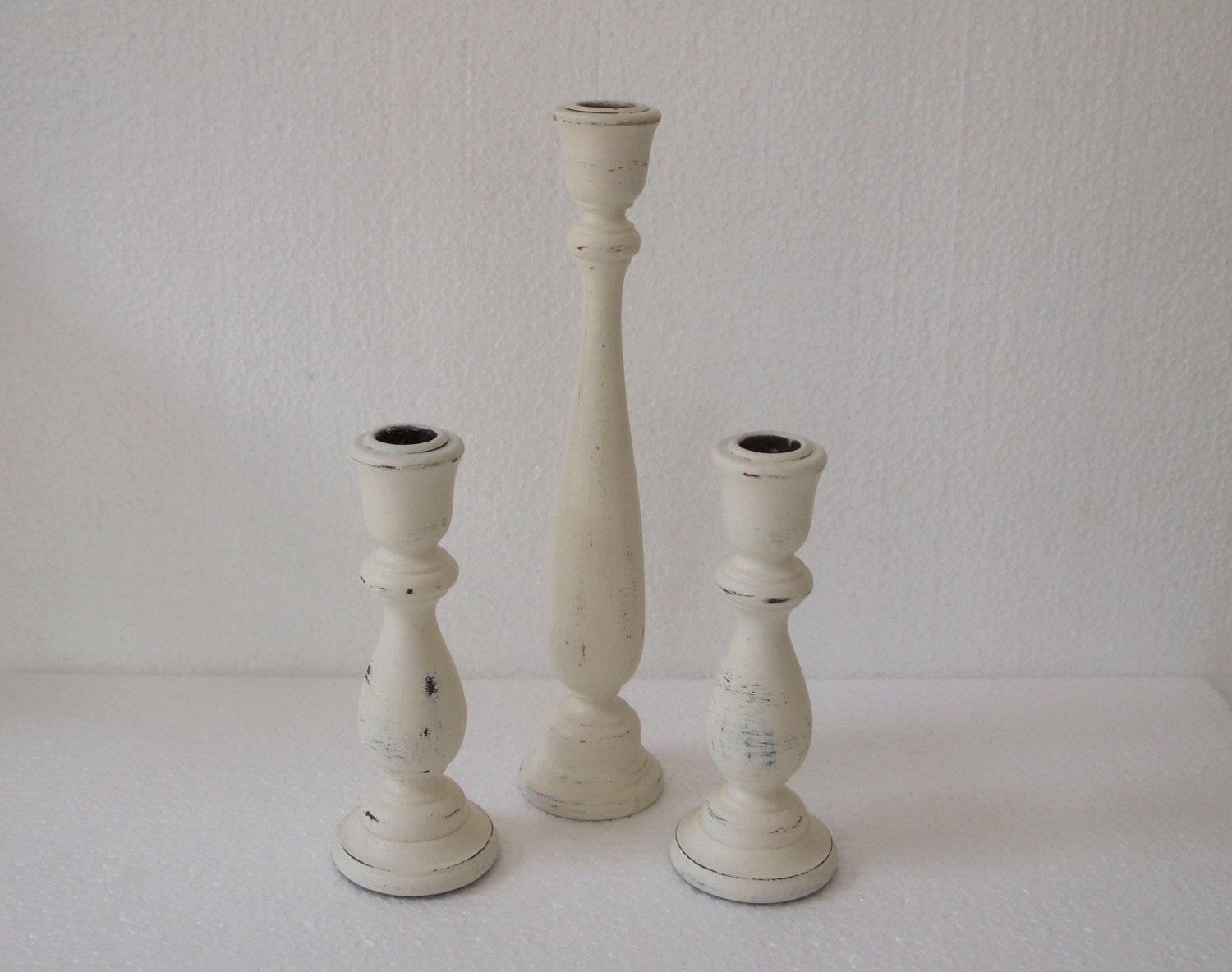 Set of Three Candle Stick Holders Vintage Wood Painted Cottage White And Distressed Shabby Chic Wedding Unity Romantic Gift Home Decor