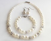 Bridesmaid jewelry set pearl necklace bracelet and earrings with rhinestones bridal jewelry wedding gift