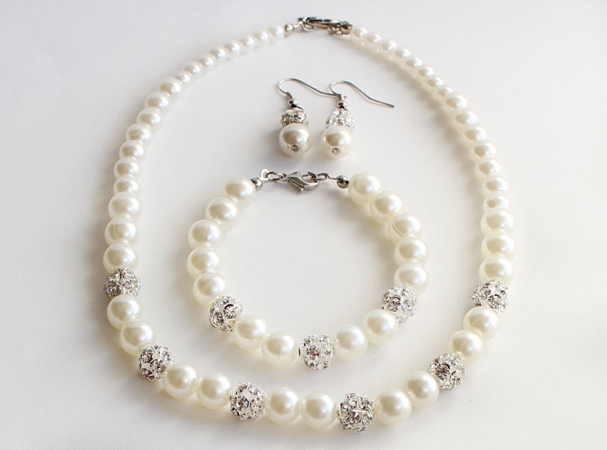 Bridesmaid jewelry set pearl necklace bracelet and earrings with rhinestones bridal jewelry wedding gift